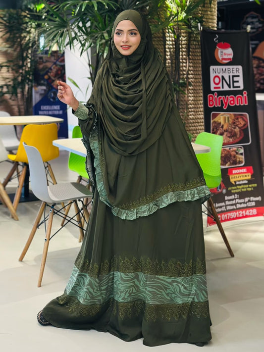 পার্টি কালেকশন বোরকা ও হিজাব কম্বো সেট 🌸 - অলিভ